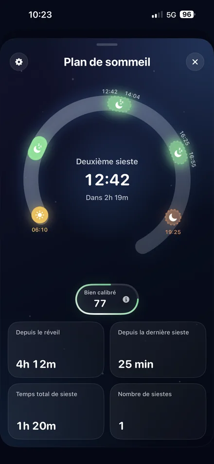 Écran Plan de sommeil de BabyFlow : prédiction de la prochaine sieste